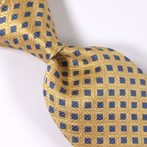 JOS A BANK Men's Tie, 100% Silk, Geometric Pattern, Gold & Blue, Made In Italy.